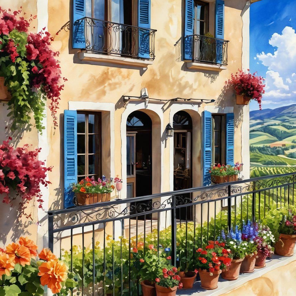 A picturesque scene blending a lively apartment balcony adorned with vibrant flowers and wine glasses, transitioning into a luxurious rental property backdrop with elegant architecture. The foreground features a scenic vineyard under a sunny sky, with tourists indulging in wine tasting. Incorporate elements of joy and exploration, such as a map and a wine bottle. watercolor style. vibrant colors. 3D elements.