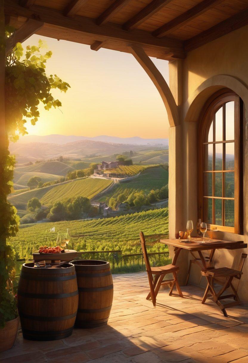 A picturesque vineyard with lush grapevines stretching across rolling hills, accompanied by a cozy, charming accommodation featuring a balcony with wine glasses. A warm sunset casts a golden glow over the scene, inviting wine lovers to unwind and sip. In the background, a rustic wooden barrel and a table set for wine tasting enhance the atmosphere. super-realistic. warm colors. serene landscape.