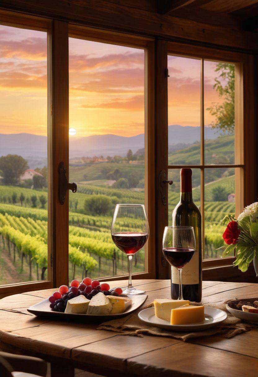A cozy vineyard setting at sunset, showcasing a wooden table with elegant wine glasses filled with red and white wines, accompanied by delicious cheese platters. In the background, a charming rustic lodge with glowing windows invites relaxation, amidst lush grapevines and blooming flowers. A couple enjoys their wine tasting, laughter echoing in the serene atmosphere. super-realistic. vibrant colors. warm lighting.